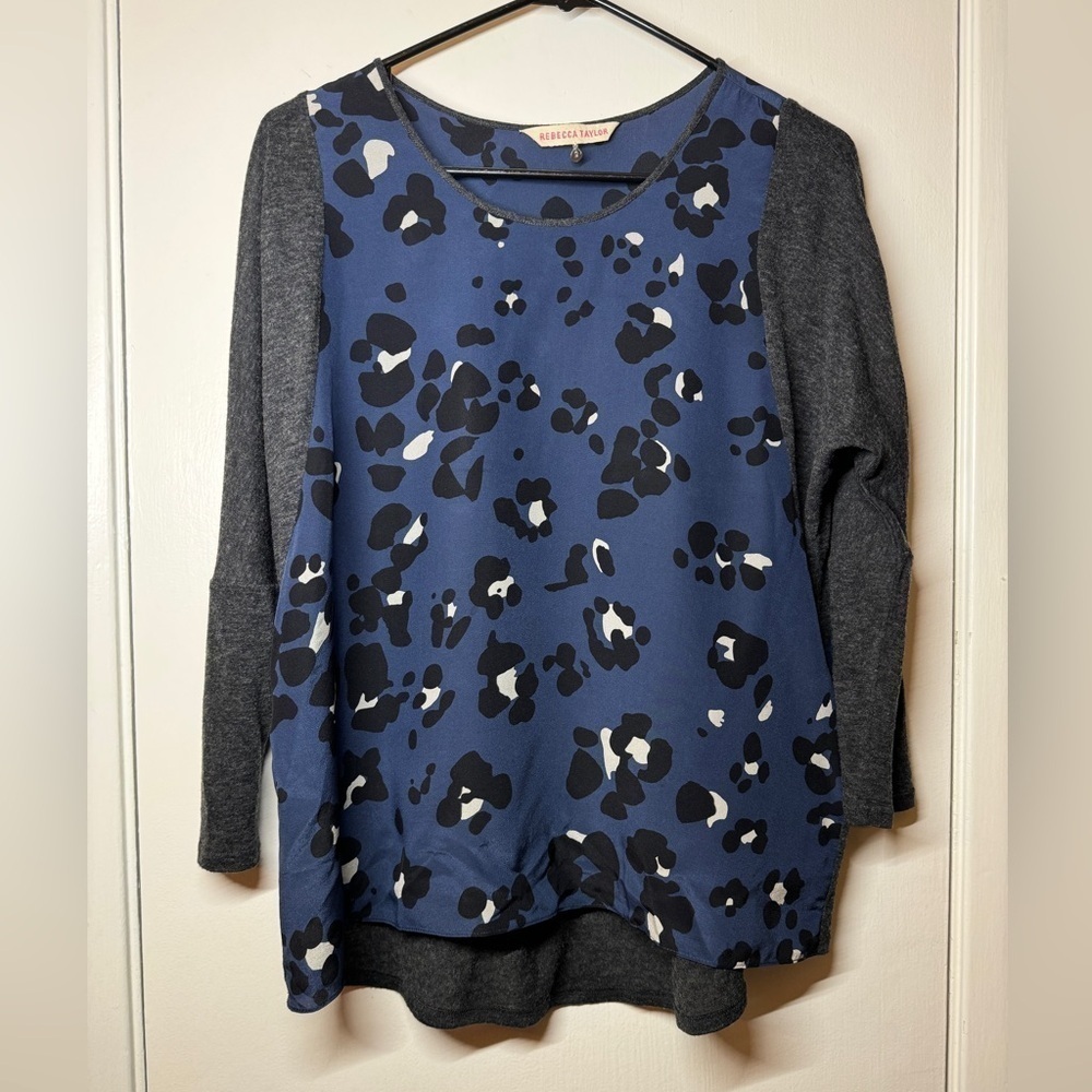 Rebecca Taylor Navy Blue Grey Leopard Animal Print Silk Wool Blend Blouse Size 2 - Picture 2 of 14